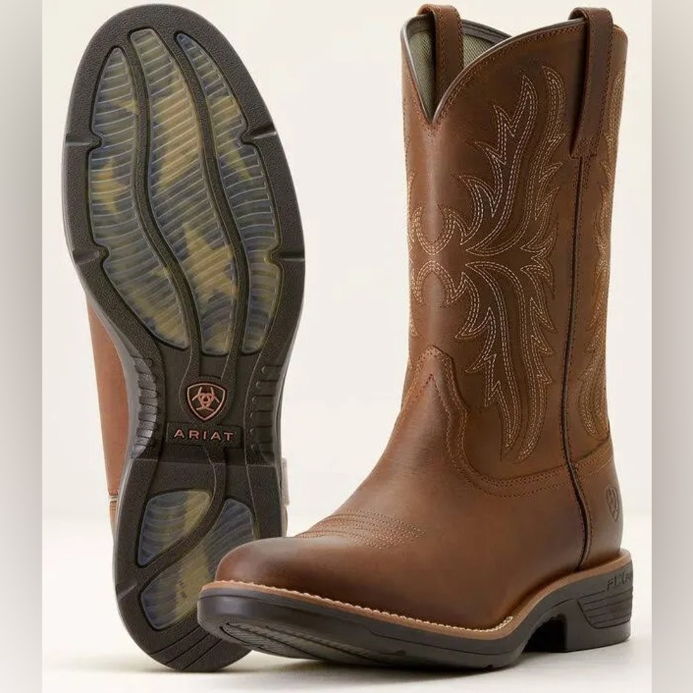 Ariat Brown Leather Western Work Boots with Embroidered Shaft